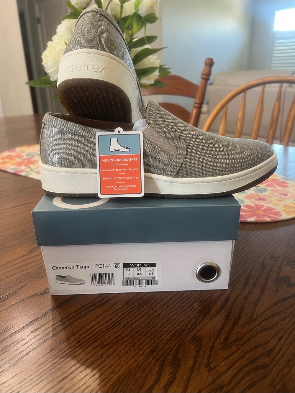 Aetrex Slip-On Casual Sneakers in Taupe with Subtle Sheen